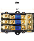 Heavy Duty ANL Fuse Holder 60 Amp 3 Way Wiring Distribution Block with gold connectors and blue fuses, size 3.9" x 2.3".