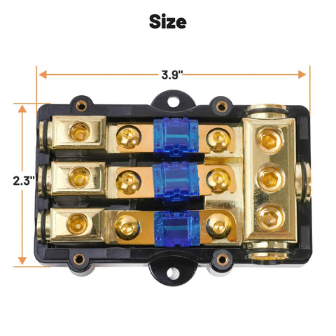 Heavy Duty ANL Fuse Holder 60 Amp 3 Way Wiring Distribution Block with gold connectors and blue fuses, size 3.9" x 2.3".