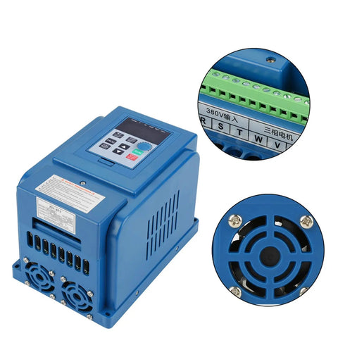 Rugged 4KW Variable Frequency Drive VFD Inverter For Three Phase 380V Systems, Beefy Torque Spindle Motor Speed Controller With Wide Range, Anti Trip, Dust Resistant, Industrial Grade blue housing with display and terminals