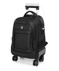 Front view rolling backpack, black, 360° rotating, water-resistant with four wheels and extended handle.