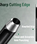 Close-up of a hollow punch from the Hollow Leather Hole Punch Set 1mm To 10mm, 10-Piece Carbon Steel Leather Punch Tool, Black Finish For Leatherworking And DIY, Sharp, Durable Holes For Belts, Wallets, Bags, And Craft Projects.