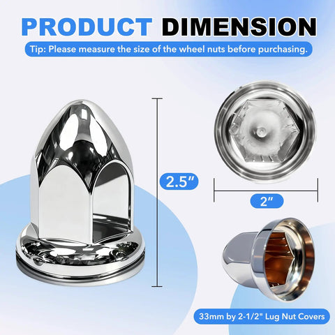 33mm ABS Chrome Lug Nut Covers For Semi Trucks 20 Pack Push On Anti Rust Caps for 2.5 inch and 2 inch dimensions