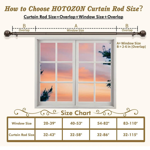Instruction chart for 2 Pack Adjustable Curtain Rods 28 To 48 Inch Telescoping Drapery Rods With Netted Texture Finials In Antique Bronze