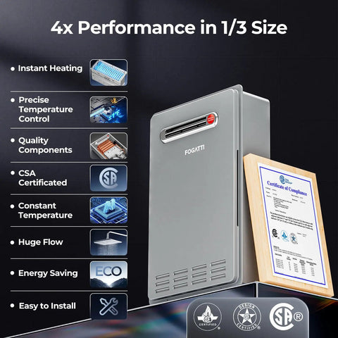 Kick The Cold Drafts With This Heavy Duty Tankless Water Heater Natural Gas Outdoor Unit Delivering Instant Hot Water At 180000 BTU And 81 Gpm Flow Rate Csa Certified, showcasing features and certification.