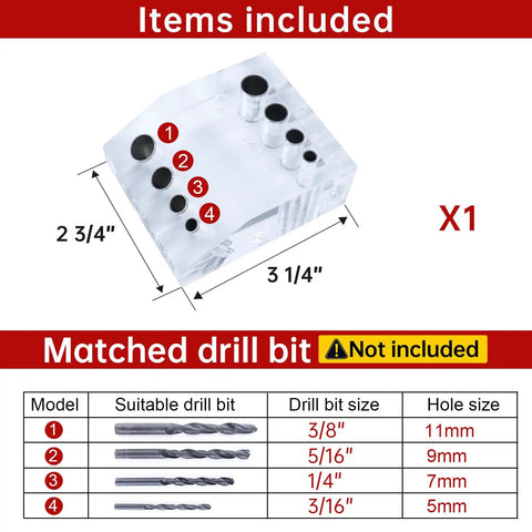 Pro Grade 90 Degree Cable Railing Drill Guide Jig With Visible Template showing four drill hole sizes and dimensions