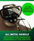 The Tank Portable Pancake Air Compressor 200 PSI 6 Gallon Tank with all-metal handle and oil-free design for durability