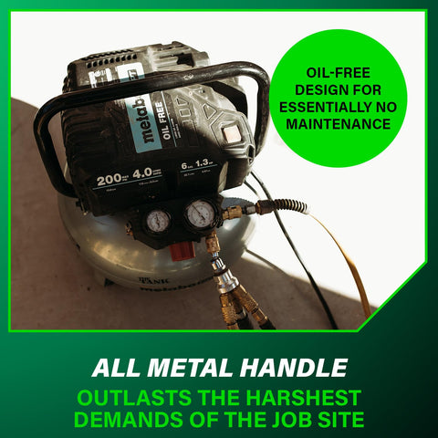 The Tank Portable Pancake Air Compressor 200 PSI 6 Gallon Tank with all-metal handle and oil-free design for durability