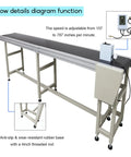 Diagram showing super tough electric PVC flat conveyor belt system for packing with adjustable speed features and controls.
