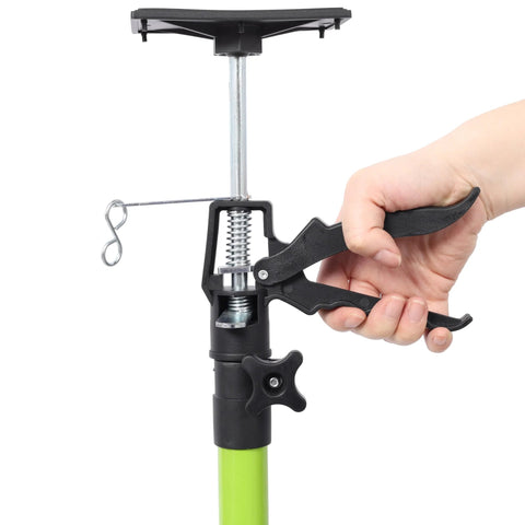 espidoo adjustable support pole with black clamp and top plate; hand tightening lever on lime-green steel rod