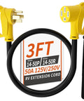 3 Ft 50 Amp Nema 14-50 RV Extension Cord For EV Charging shown with yellow plugs and black STW cable for outdoor use.