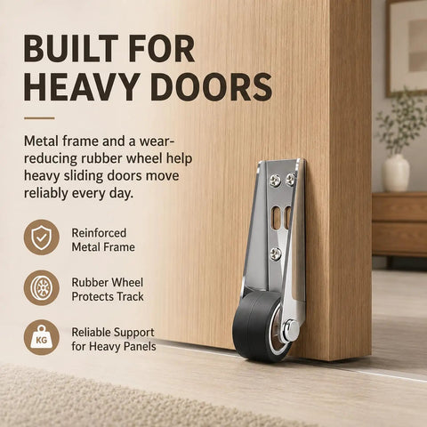 Heavy Duty Vertical Track Roller Wheel Built To Roll Smooth On Any Sliding Door Or Gate Featuring Whisper Quiet Rubber Bearing Casters and Universal Bottom Guide For No Fuss Home Upgrades, close-up view of roller against wood.