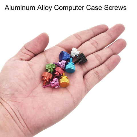 12 Pack M3x10mm Knurled Thumb Screws For PC Case Aluminum Alloy Black Finish Hand Tighten Tool Free Installation Durable Computer Case Screws For Easy Access And Reuse in assorted colors on a hand