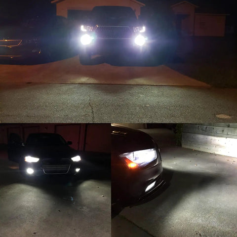 Cars with PSX24W 2504 LED Fog Light Bulbs Set Of 2, 6000K Xenon White, illuminating driveway at night