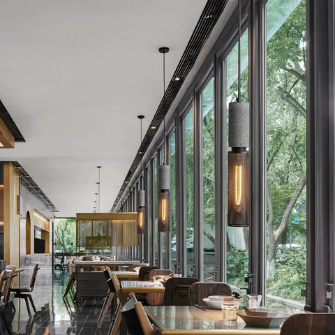 Concrete Linear Pendant Light With Metal Mesh Shade Sleek Modern Industrial Hanging Cement Fixture for dining room