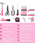Compact 39 Piece Hand Tool Kit With Case For DIYers And Homeowners A Handy Starter Set For Home Repairs Wood Metal Craft And Mounting In A Portable Pink Tool Box displaying tools including a hammer, pliers, and screwdrivers.