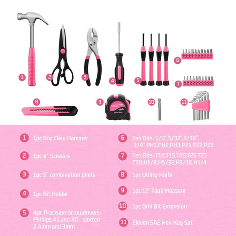 Compact 39 Piece Hand Tool Kit With Case For DIYers And Homeowners A Handy Starter Set For Home Repairs Wood Metal Craft And Mounting In A Portable Pink Tool Box displaying tools including a hammer, pliers, and screwdrivers.