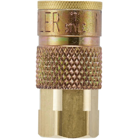 One Quarter Inch FNPT Female T Style Air Compressor Quick Connect Fitting Coupler Blue visible in front view, brass texture