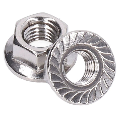 Close-up view of 50Pcs Flange Nut Set Stainless Steel A2 70 DIN 1587 Rustproof Locking Nuts For M3 M4 M5 M6 M8 M10 M12 Bolts