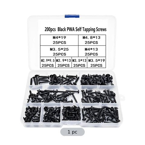 All In One Self Tapping Screw Set With 8 Sizes M2.9 To M4.8 And Washer Head Carbon Steel Screws For Auto Body, Sheet Metal, Furniture, And DIY Repairs 200 Pcs Beefy Heavy Duty Kit, black screw organizer