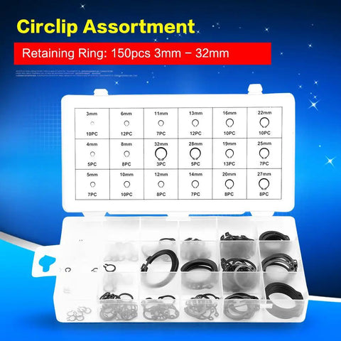 Retaining Ring Circlip Kit With 18 Sizes And 150 Pieces Boxed Set for secure installations with metal wear-resistant rings.