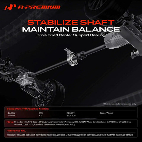 Premium Grade Drive Shaft Center Support Bearing Replacement Direct Factory Fit Driveshaft Carrier Unit for Cadillac CTS AWD 2008-2014, showing installation details.