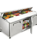 Heavy Duty 72 Inch Commercial Sandwich Prep Table Refrigerated Salad Fridge Equipped With 18 Easy Slide Topping Pans And A Wide Cutting Board with open doors showing fresh ingredients.