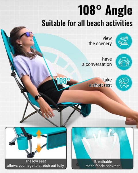 Woman relaxing on Low Beach Chairs 2 Pack Folding Portable Chairs For Adults Ultra Wide Ergonomic High Back Seat 300 Lb Capacity