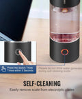 Hydrogen Water Bottle Generator With SPE Technology On The Go Portable 230 Milliliter Capacity showing self-cleaning button.