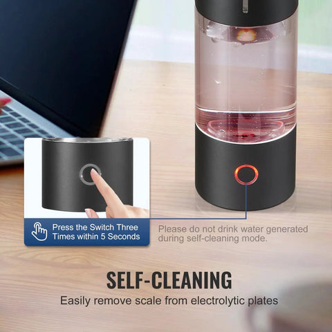 Hydrogen Water Bottle Generator With SPE Technology On The Go Portable 230 Milliliter Capacity showing self-cleaning button.
