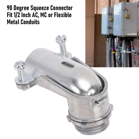Top Shelf 90 Degree Squeeze Connector In Die Cast Zinc Alloy For 1 2 Inch Conduit fitting with screws for AC MC flexible conduit.