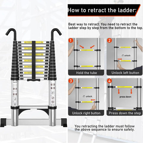 How to retract Beefy 15 Foot Aluminum Telescoping Ladder With Hooks And Stabilizer, safe folding instructions