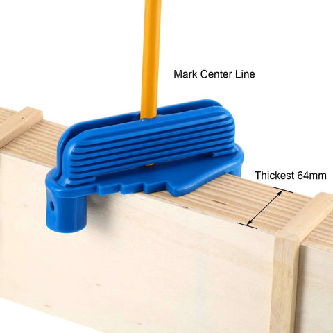 Blue plastic center finder tool on wood, pencil inserted to mark center line; front view, fits standard pencils