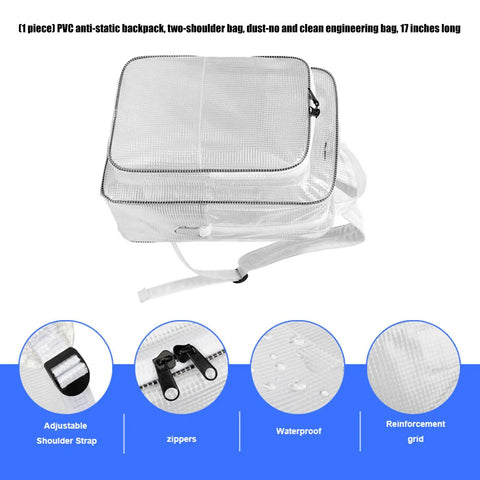 Heavy Duty Pvc Antistatic Backpack With Spacious Transparent Front Panel Ergonomic Tool Pack Built Solid For Cleanroom Protocols And All Day Job Site Hauls, showing clear PVC material and adjustable straps.