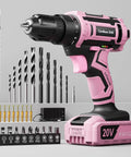 Pink Cordless Drill Set For Women 20V Lightweight Electric Power Drill With Three Eighths Inch Keyless Chuck Includes Power Pack And Charger Womens Tool Kit For Home Diy Projects And Quick Easy Household Fixes with accessories on display.