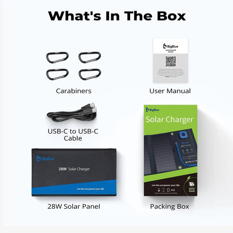 Contents of Portable Solar Charger 28W With Digital Ammeter, including solar panel, carabiners, cable, and manual.