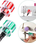 Two Piece Mini Screwdriver Set For Sewing Machines And DIY Fixes; red and green chrome vanadium steel tips with PVC handles in use
