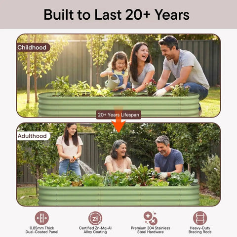 Galvanized Raised Garden Bed Kit For Small Spaces In Moss Green 6x2x1.5 Ft 18 Inch Tall Above Ground Planters For Vegetables And Herbs Rustproof Steel With Internal Support Rods Built To Last No Fuss Setup, showing families gardening.