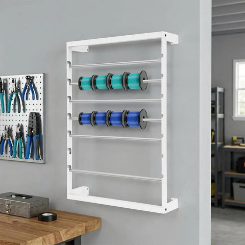 6 Rod Wall Mounted Wire Spool Rack Adjustable Cable Organizer For Garage Workshop Save Space Easy Install with colorful spools