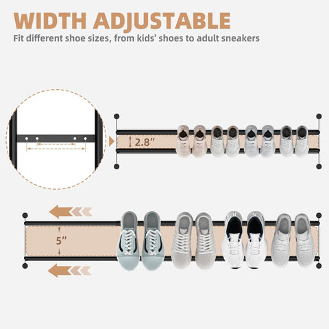 Expandable 3 Tier Metal Shoe Rack Holds 12 To 18 Pairs Freestanding Stackable Organizer With Adjustable Width From 33.3 To 47.5 Inches diagram.