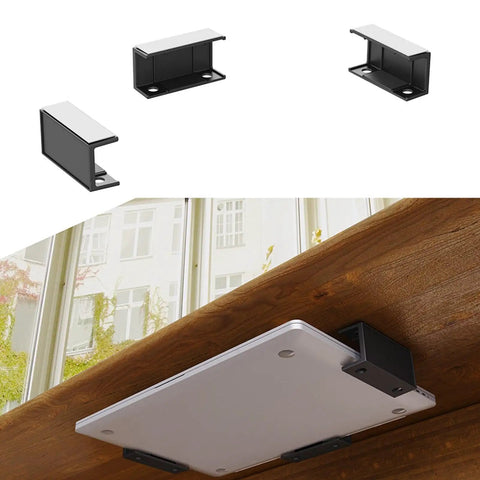 Heavy Duty Under Desk Laptop Mount Holder Screw Clamp Design Zeroes Desk Clutter with soft gripper liners installed under a wooden table.