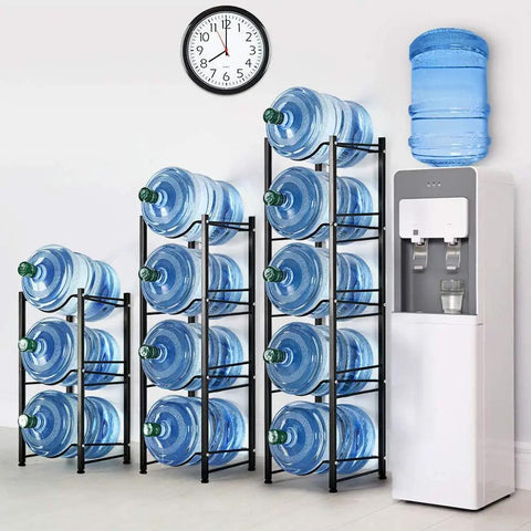 Heavy Duty 4 Tier Water Jug Rack for 5 Gallon Jugs Detachable Black Metal Bottle Holder next to water cooler