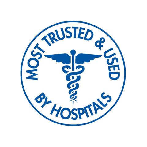 Seal with medical caduceus and text 'Most Trusted & Used by Hospitals'