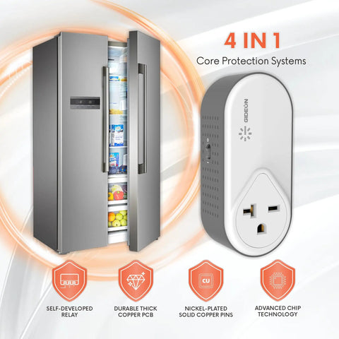 Beefy Built Refrigerator Surge Protector With 1200J Surge, Voltage Guard next to an open double-door refrigerator displaying contents.