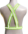 Back view of high visibility reflective running vest with neon yellow and reflective strips, adjustable fit, showcased on mannequin.