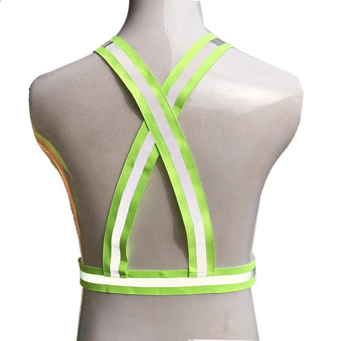 Back view of high visibility reflective running vest with neon yellow and reflective strips, adjustable fit, showcased on mannequin.