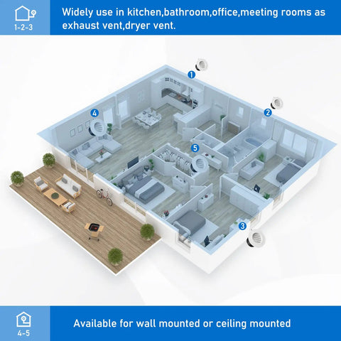 3D room layout showing 4 Inch Round Exhaust Vent Cover With Built In Fly Screen For Bathroom Kitchen Office Home White Durable ABS Soffit Vent