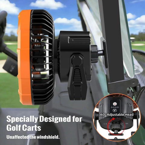Magnetic Golf Cart Fan With Rechargeable Portable Build And Top Notch Airflow To Keep You Crisp Out On The Links, side view with 360° adjustable head.