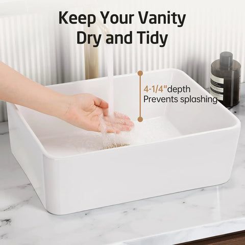 Person using Rectangular White Vessel Sink For Bathroom Countertop With Premium Glaze, Above Counter Porcelain Ceramic Vanity Basin