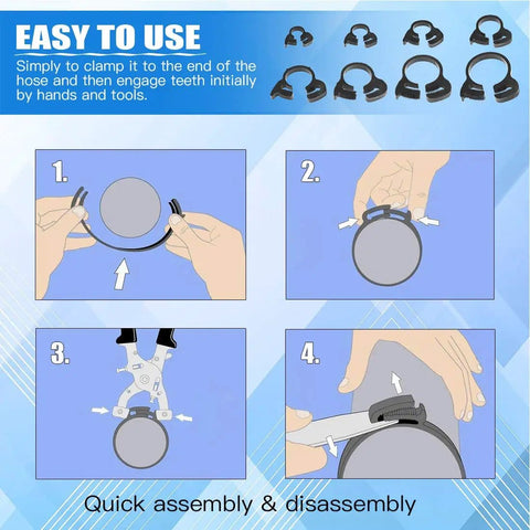 Illustration of Heavy Duty Nylon Hose Clamp Set With Double Gripping Design 48Pcs Eight Size Plastic Snap Ratcheting Clamps usage method