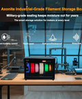 Keep Filaments Fresh With A 6 Spool Airtight Dry Box Humidity Control on a desk, showing filament spools and smart storage features.